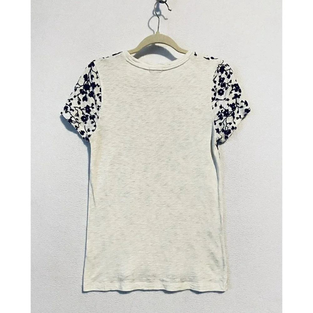 J Crew Top Womens Small Black Velvet Floral Vine Short Sleeve Ivory Slub Knit
